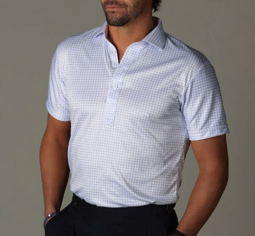 NWT Collars & Co. Men’s Semi-Spread Collar Performance Polo Thin Blue Check SZ S